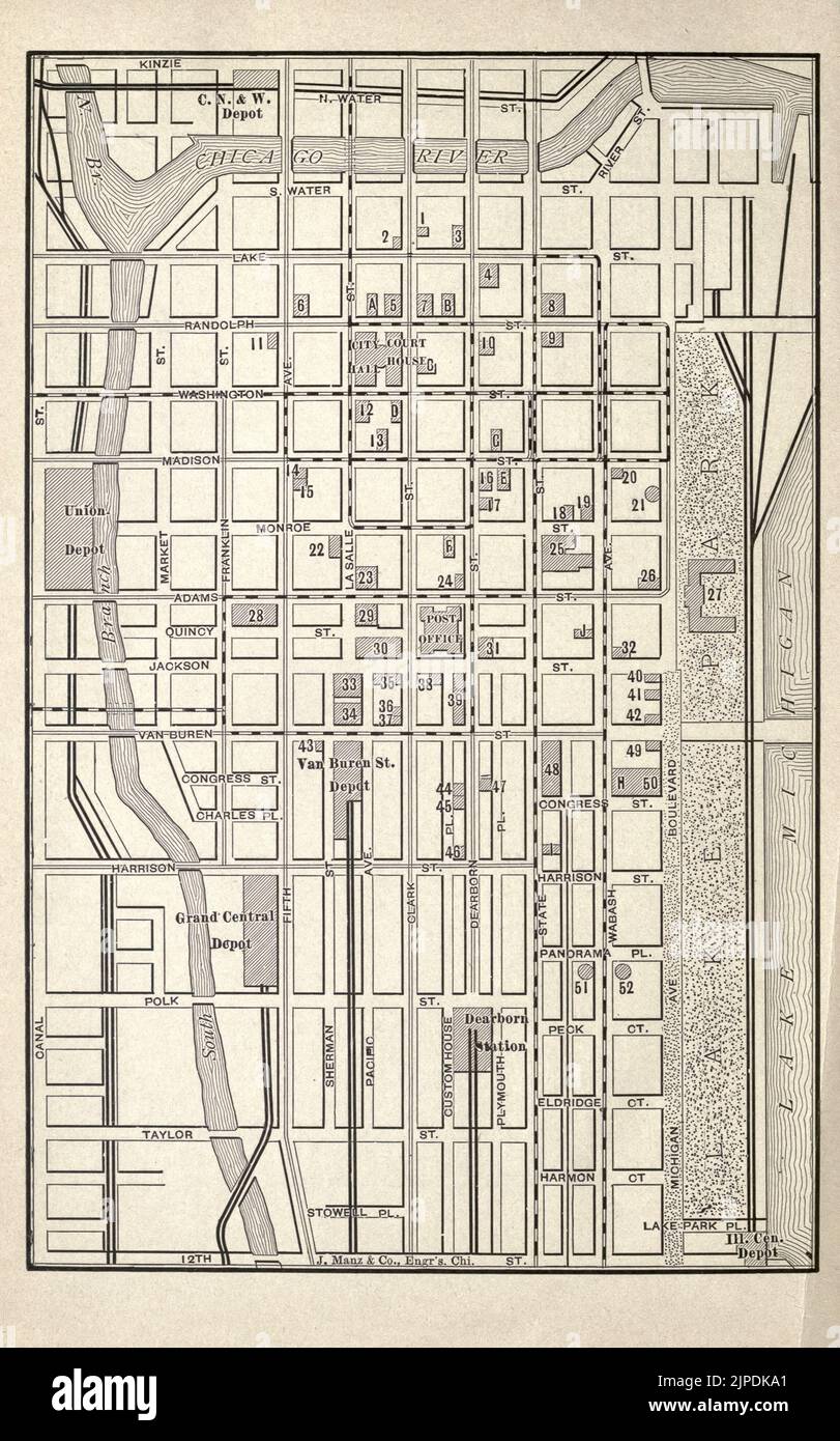 Stadtplan von Chicago 1893 aus dem Reiseführer 'Picturesque Chicago und Führer zur Weltausstellung', veröffentlicht im Jahr 1893 Verlag Lennox Pub. Co Stockfoto