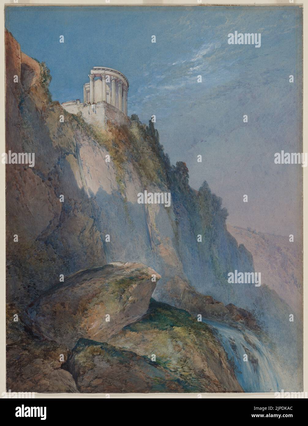 Der Tempel von Vesta und die Wasserfälle bei Tivoli, 1859. William Callow (Großbritannien, 1812-1908). Aquarell mit Gouache- und Graphitunterzeichnung; Eine akribisch fertige, großformatige Präsentation Aquarell, diese Zeichnung wurde 1860 in der Society of Painters in Water Colors in London ausgestellt. Der Blick wurde von einem niedrigen Aussichtspunkt aus aufgenommen, der eng beobachtete, moosbewachsene Felsen inmitten der schaumigen Kaskade vorhersah. Der Tempel von Vesta, ein Juwel, überragt die imposante Klippe, strahlend weiß vor einem kristallklaren, blauen Himmel. Die Majestät der Ansicht wird durch die Anwesenheit von fast nicht wahrnehmbaren Figur unterstrichen Stockfoto