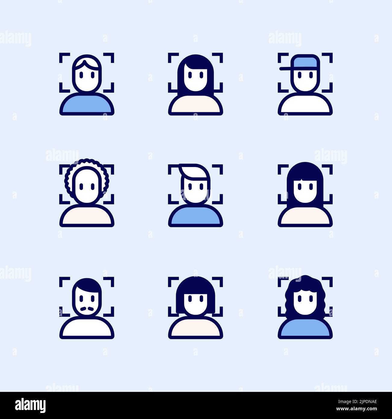 ID-Symbole für Gesichtserkennungssystem eingestellt. Einfacher Satz von ID-Vektorsymbolen für das Gesichtserkennungssystem für das Webdesign. Stock Vektor