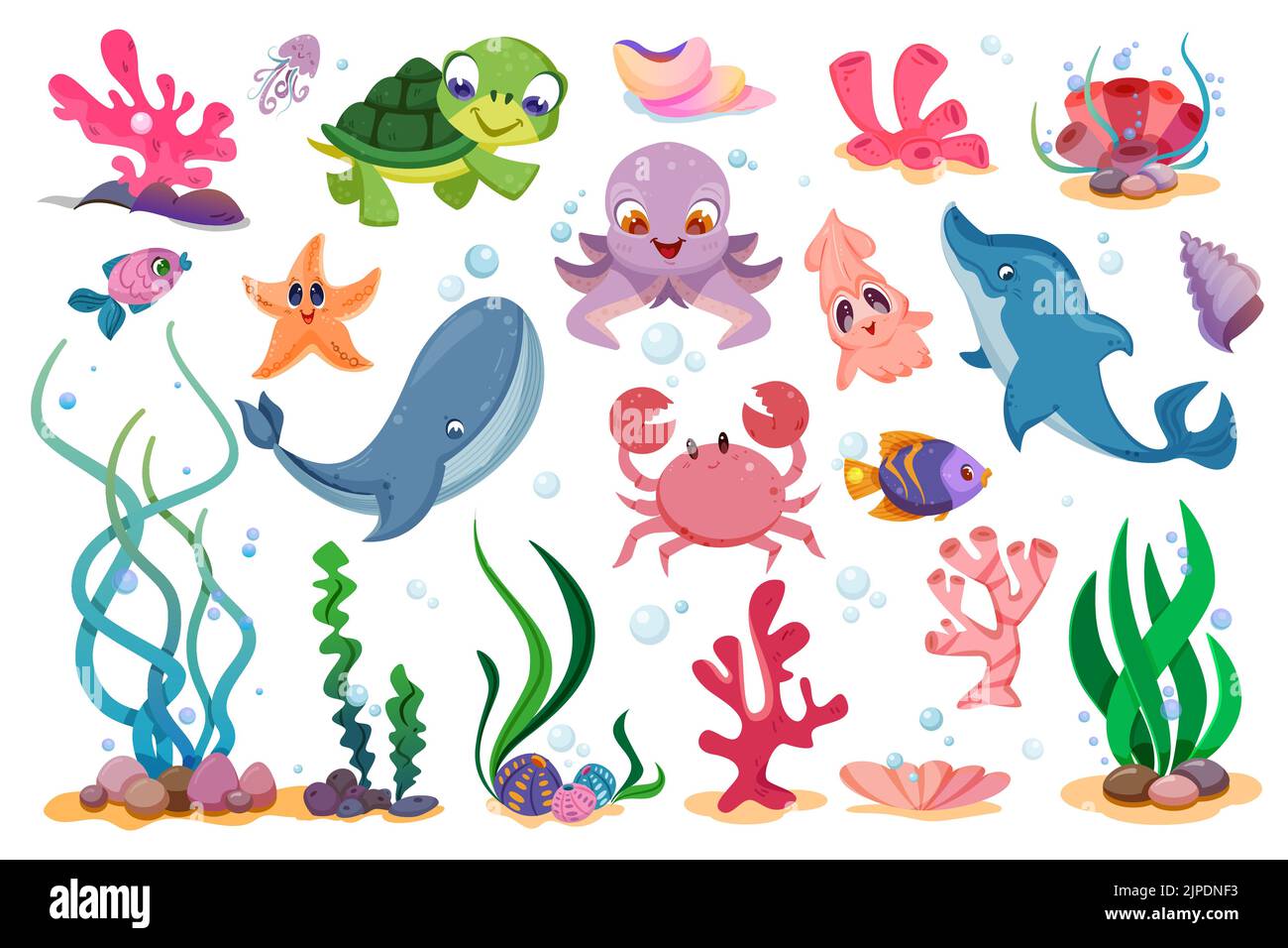Flache niedliche Meerestiere, Meerespflanzen und Fische. Meeresleben mit lustigen Figuren wie Schildkröte, Krake, Seesterne, Krabben und Tintenfisch. Glücklicher Delphin und Wal. Unterwasserriff, Korallen, Muscheln und Algen Stock Vektor