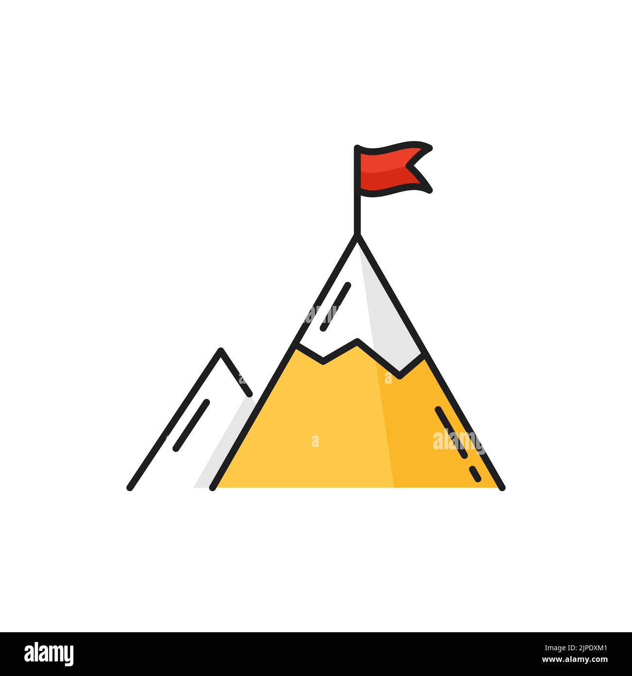 Business-Top, farbiges Umrisssymbol für Karriereziele mit Flagge auf dem Berggipfel. Führungs- und Zielvorgaben, geschäftliche Herausforderungen und Visionen erreichen ein schlankes Vektorsymbol oder Piktogramm Stock Vektor