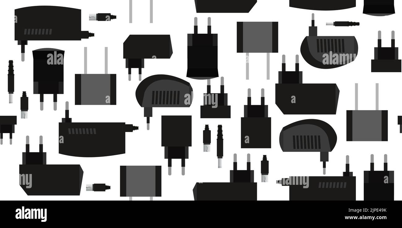 Ladegerät. Stromversorgung für Elektrogeräte. Elektrischer Stecker mit Gleichrichter. Isoliert auf weißem Hintergrund. Nahtloses Muster. Vektor. Stock Vektor
