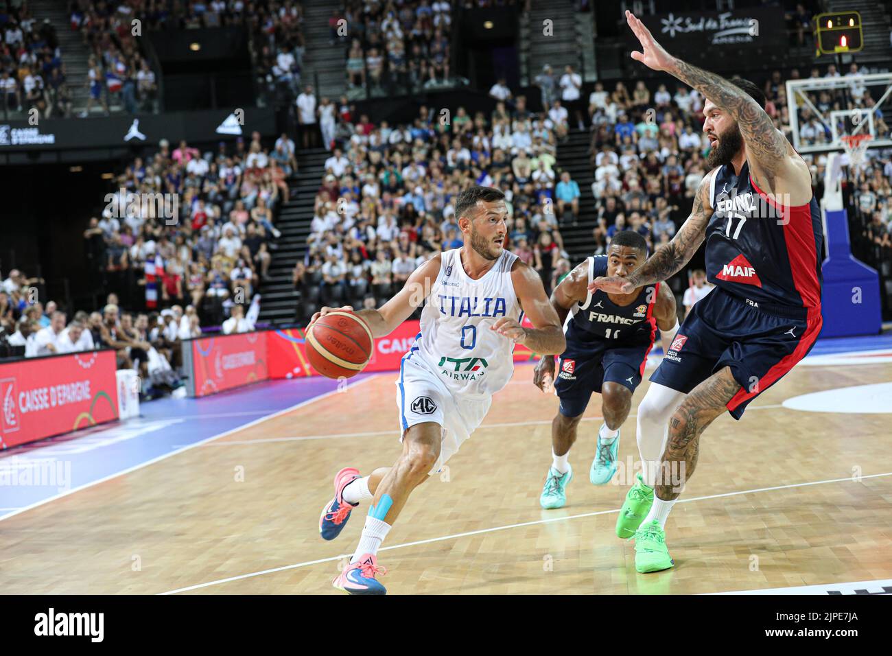 Montpellier, Frankreich. 16. August 2022. Zweites Spiel für das France Basket Team gegen Italien in Montpellier als Vorbereitung für den Eurobasket 2022. Der Gewinner ist Frankreich 100 - 68 (Foto: Norberto Maccagno/Pacific Press) Quelle: Pacific Press Media Production Corp./Alamy Live News Stockfoto