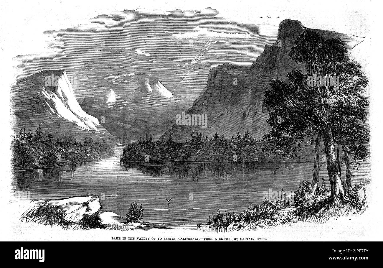 See im Tal von Yosemite, Kalifornien (1862) Illustration aus der Zeit des 19.. Jahrhunderts zum Bürgerkrieg von Captain Hyer aus Frank Leslie's Illustrated Newspaper Stockfoto