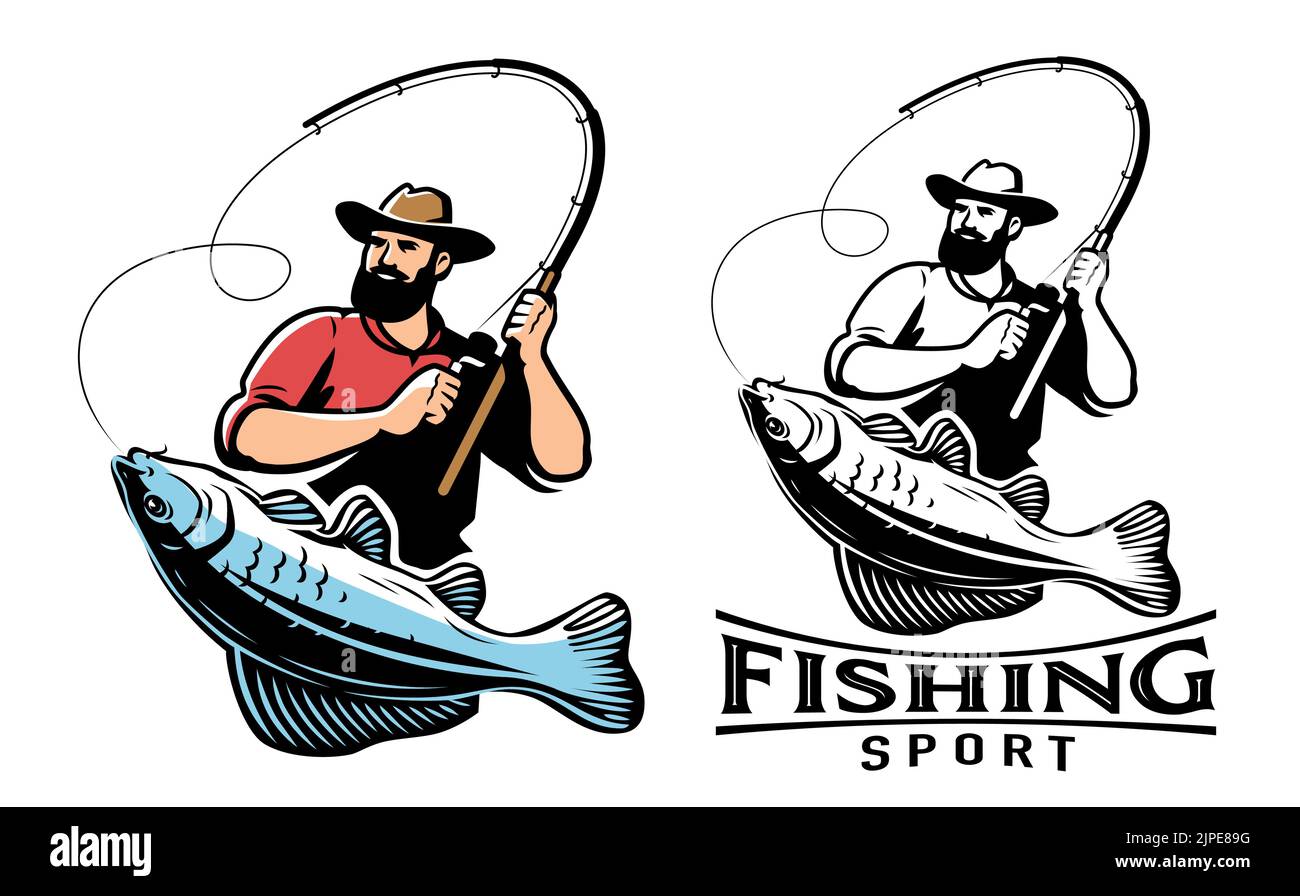 Fischer mit Fischemblem. Sportfischen, Angeln Logo. Vektordarstellung auf weißem Hintergrund isoliert Stock Vektor