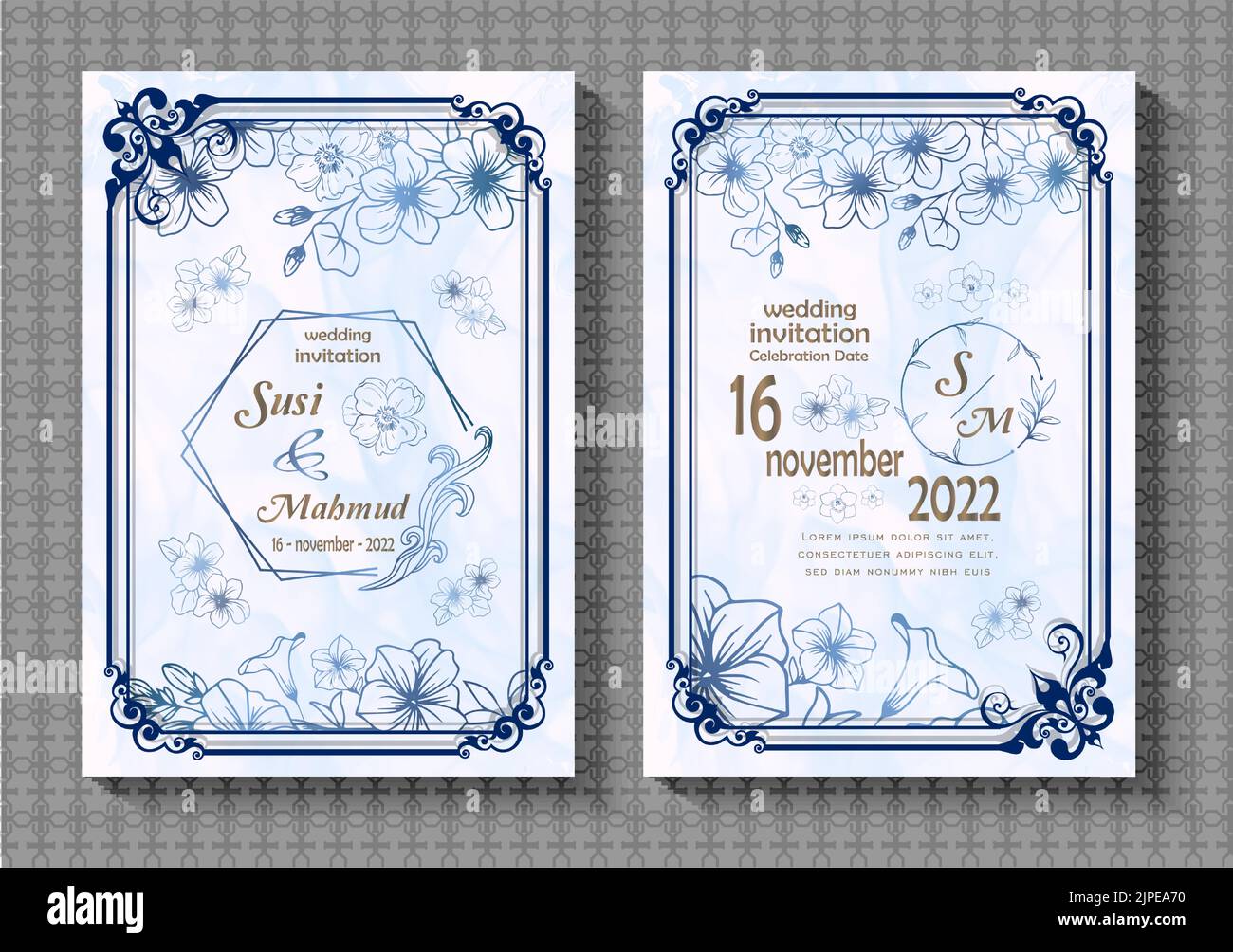 Eine zweiseitige Hochzeitseinladungsvorlage mit weißem Hintergrund und violettem Rahmen Stock Vektor