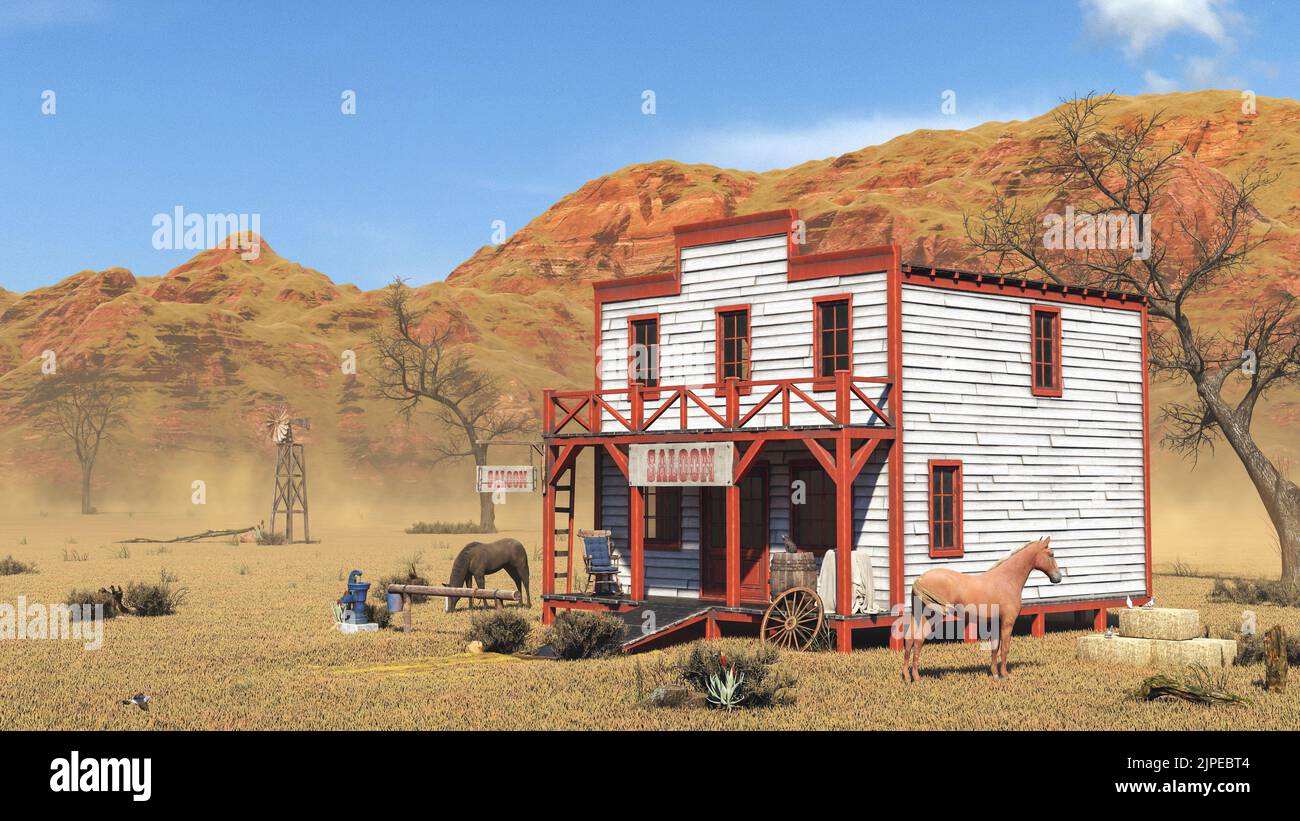 Alter Vintage-Western-Salon isoliert auf dem Feld in Wild West, 3D Rendering Stockfoto