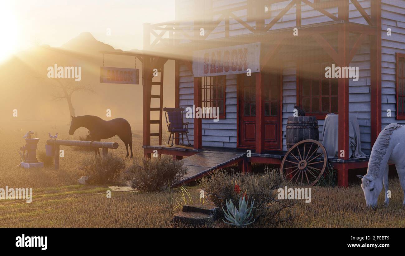 Alter Vintage Western Salon isoliert auf dem Feld in Wild West in der Dämmerung, 3D Rendering Stockfoto
