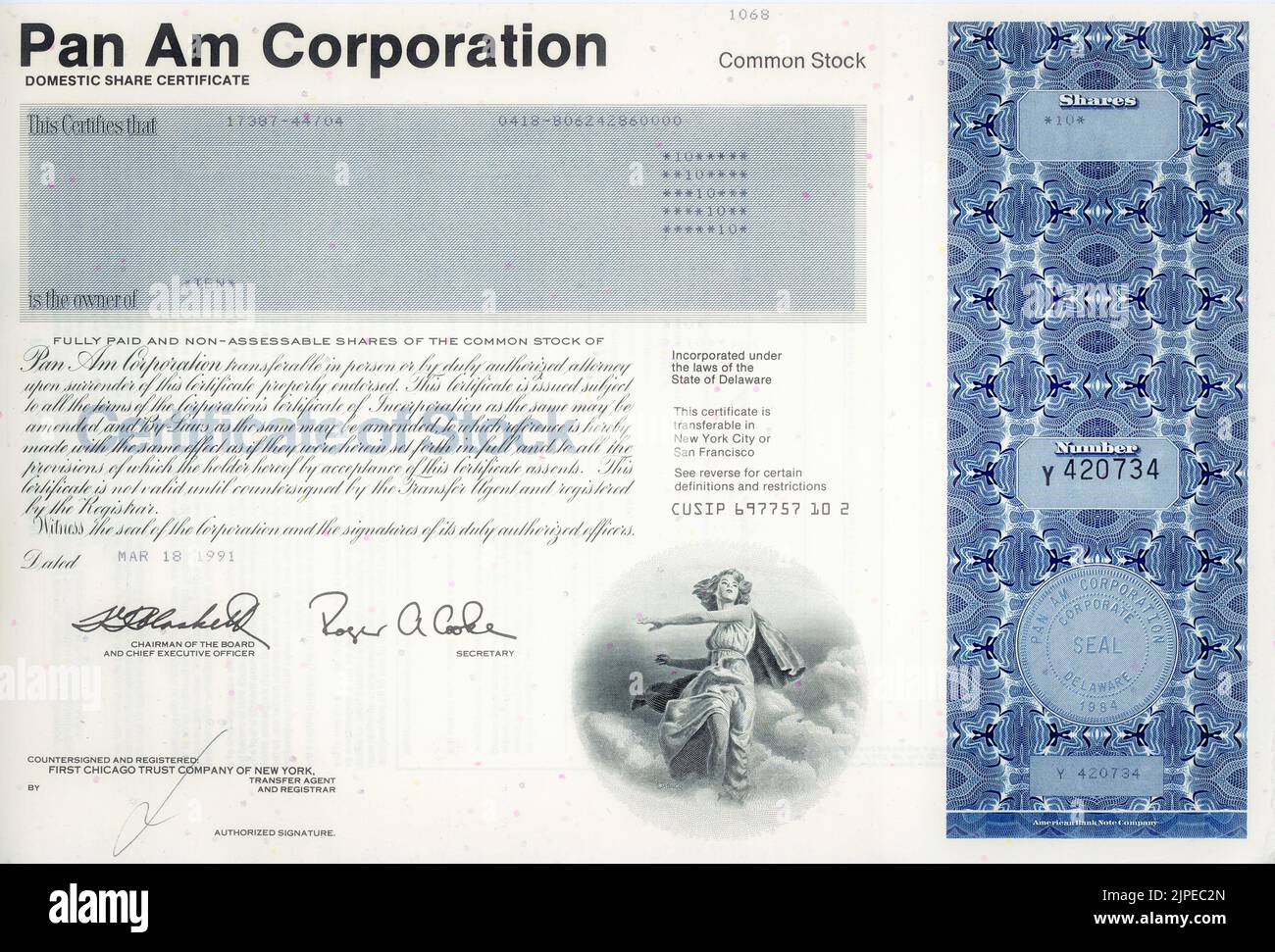 Vintage Pan American World Airways Stock Certificate, USA Stockfoto