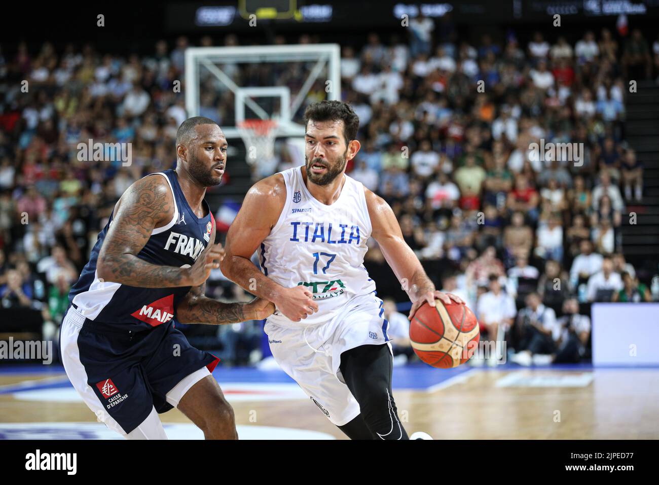 Montpellier, Frankreich. 16. August 2022. Zweites Spiel für das France Basket Team gegen Italien in Montpellier als Vorbereitung für den Eurobasket 2022. Der Gewinner ist Frankreich 100 - 68 (Bildnachweis: © Norberto Maccagno/Pacific Press via ZUMA Press Wire) Stockfoto