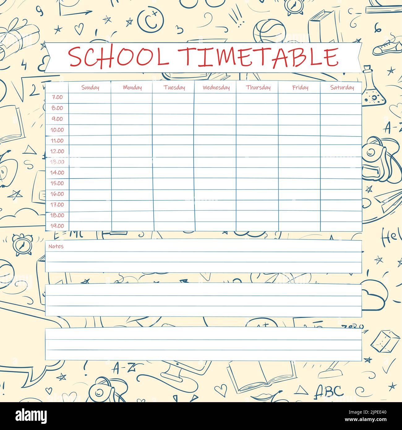 Schule Zeitplan handgezeichnetes Design. Vektor-Planer-Vorlage für Studenten. Lustige Doodle Schulplan. Kinder skizzieren den Hintergrund. Stock Vektor