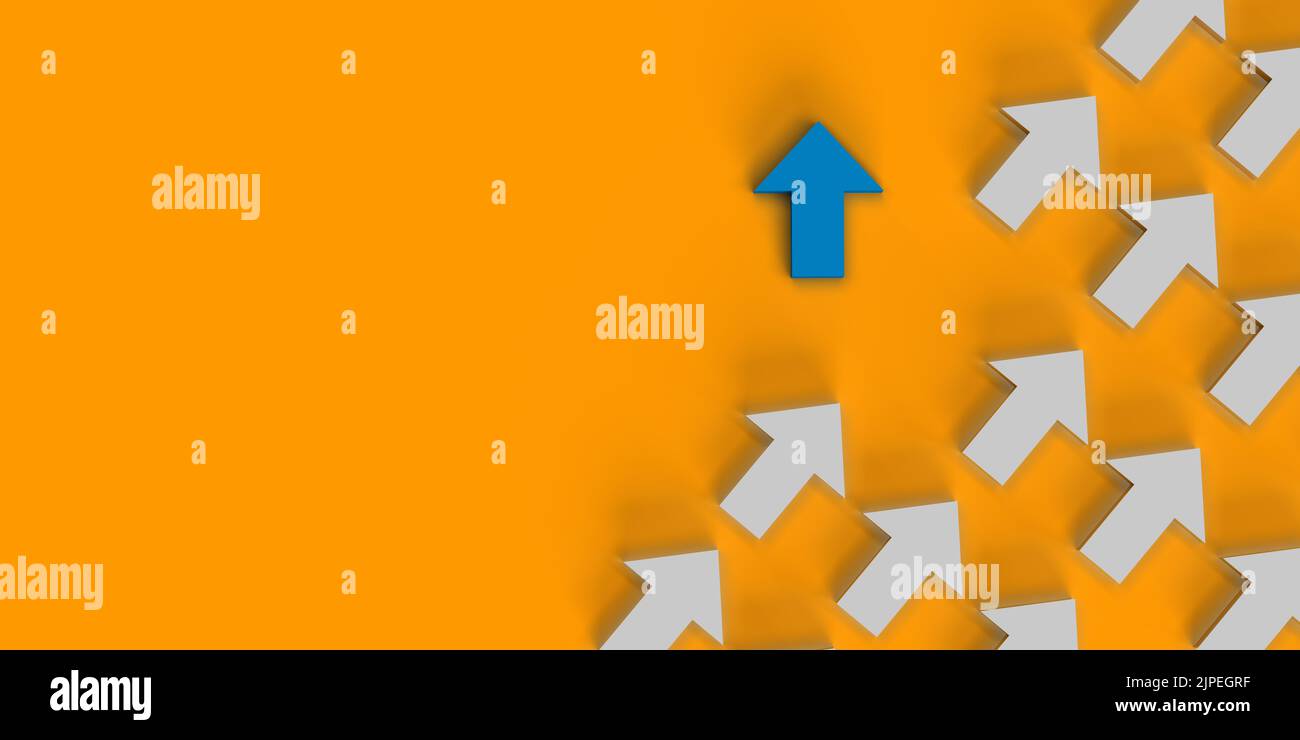 Viele weiße Pfeile zeigen nach oben und ein blauer Pfeil zeigt unterschiedlich. 3D Sinnbild für vielfältiges Denken, innovative, vielfältige Lebensweisen und Geschäfte. Stockfoto
