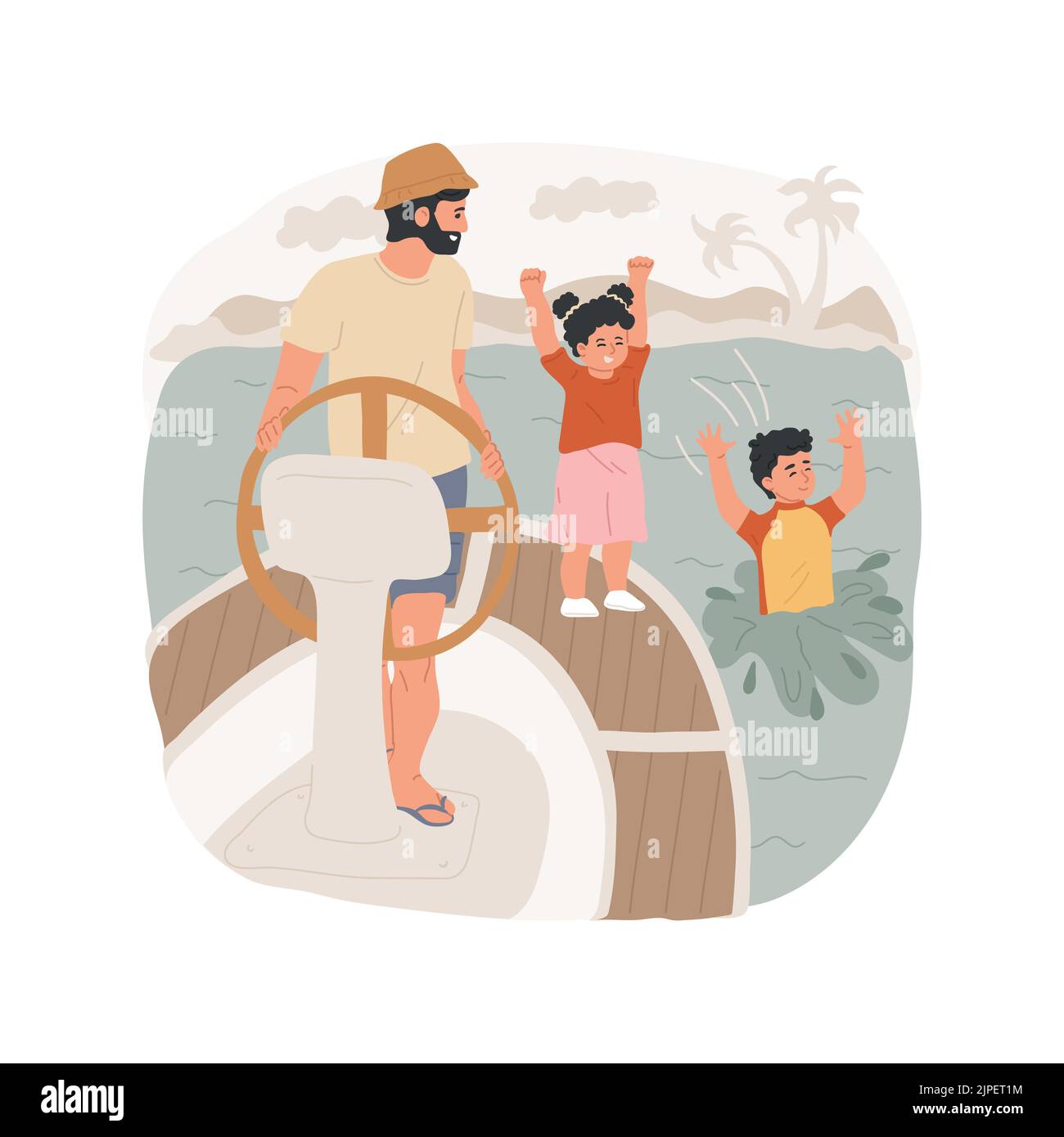 Karibische Segeln isoliert Cartoon-Vektor-Illustration. Familie auf einer kleinen Yacht, Kinder springen im Wasser, karibisches Seesegeln, Vater steht am Ruder, Sommerurlaub Vektor-Cartoon. Stock Vektor