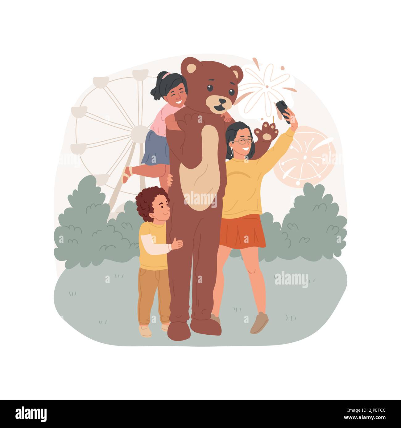 Maskottchen Kostüm isoliert Cartoon Vektor Illustration. Spaß fair Aktivität, Kinder umarmt Mann in Lebensgröße Kostüm, Bär Maskottchen, Familie im Vergnügungspark, Foto mit Charakter-Vektor-Cartoon. Stock Vektor