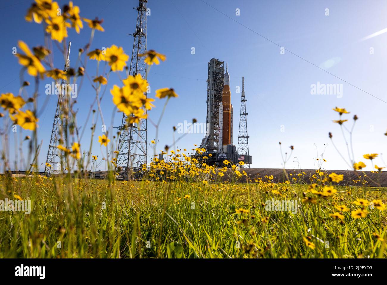 6. Juni 2022, Cape Canaveral, Florida, USA: Die Artemis i Moon Rakete der NASA, die auf dem Crawler-Transporter 2 â getragen wird, ist mit Wildblumen umgeben und kommt auf dem Launch Pad 39B im Kennedy Space Center der Agentur in Florida an. Die Rakete rollte in den frühen Morgenstunden aus dem Vehicle Assembly Building, um die 4,2 Meilen bis zur Startrampe für den nächsten NassGeneralprobeversuch der NASA vor dem Artemis I-Start zu fahren. Kredit: ZUMA Press, Inc./Alamy Live Nachrichten Stockfoto