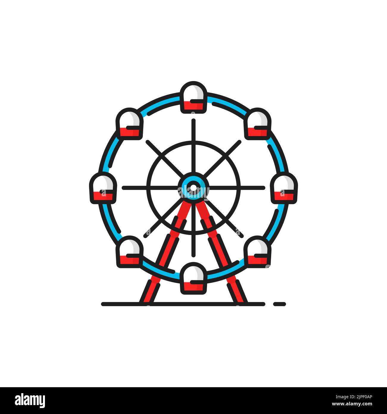 Roundabout Riesenrad Vergnügungspark Attraktion isoliert Farblinie Symbol. Vector Funfair Spielplatz Karussell, Beobachtungsübersicht Drehkreis mit Vintage-Kabinen in blauen und roten Farben Stock Vektor