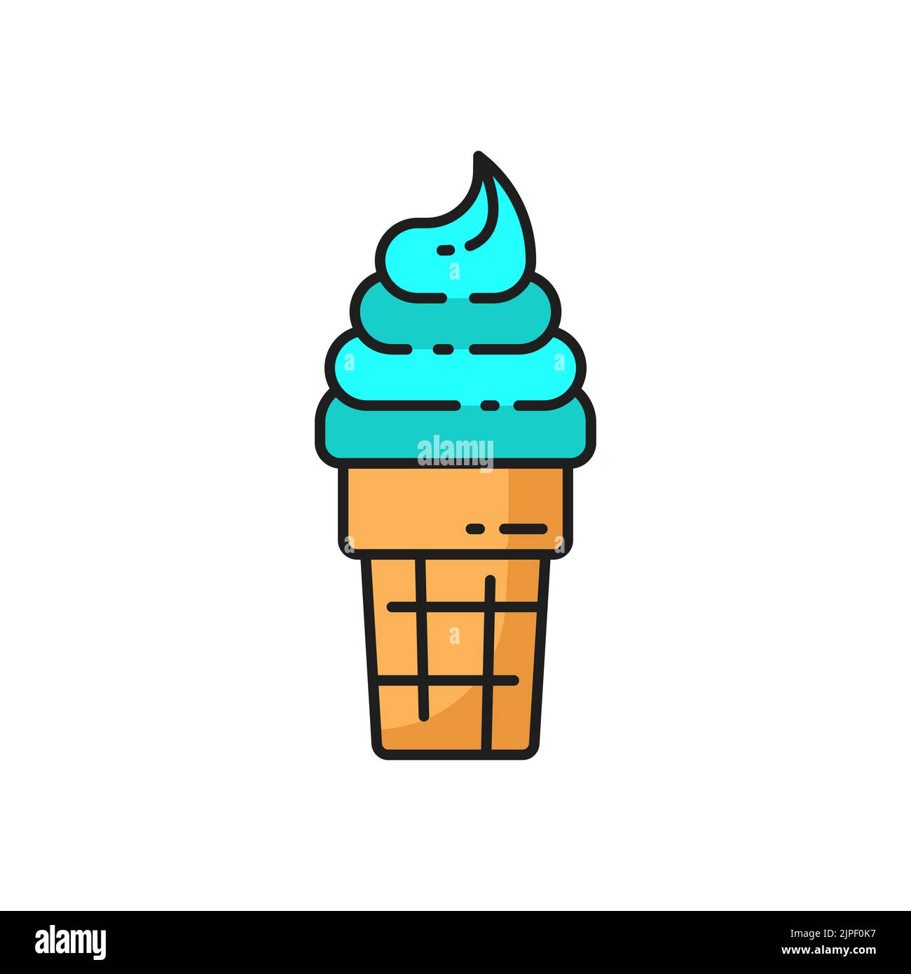 Geschwirbeltes, cremiges Minze- oder Bubble-Gum-Eis in isoliertem blauem Wafer-Konus-Farbsymbol. Vector erfrischende kalte Speisen zum Mitnehmen, Fastfood-Snack. Geschlagene karamellisierte dünne Eiscreme in Waffelkegel Stock Vektor