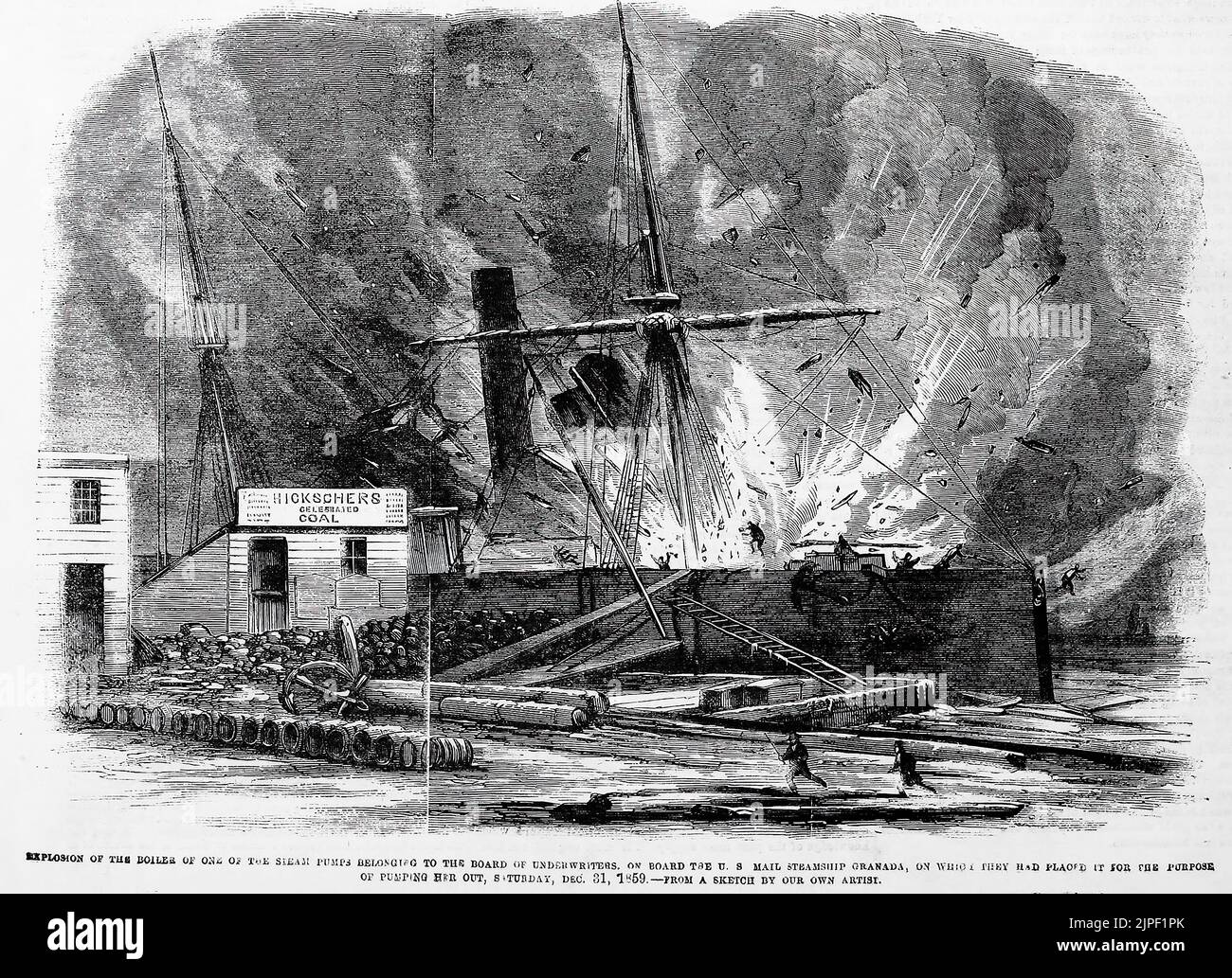 Explosion des Kessels einer der Dampfpumpen, die dem Vorstand der Underwriters gehören, an Bord des U. S. Mail-Dampfschiffes Granada, auf das sie ihn zum Zwecke des Abpumpens gestellt hatten, Samstag, 31. Dezember 1859. 19.. Jahrhundert Illustration aus Frank Leslie's Illustrated Newspaper Stockfoto