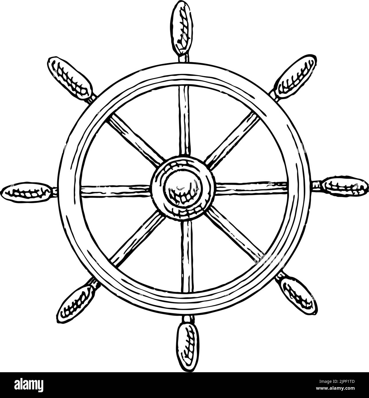 Lenkrad isolierte Marine-Skizze. Vektor-Navigationsgeräte-Symbol, Handrad mit Griffen Stock Vektor