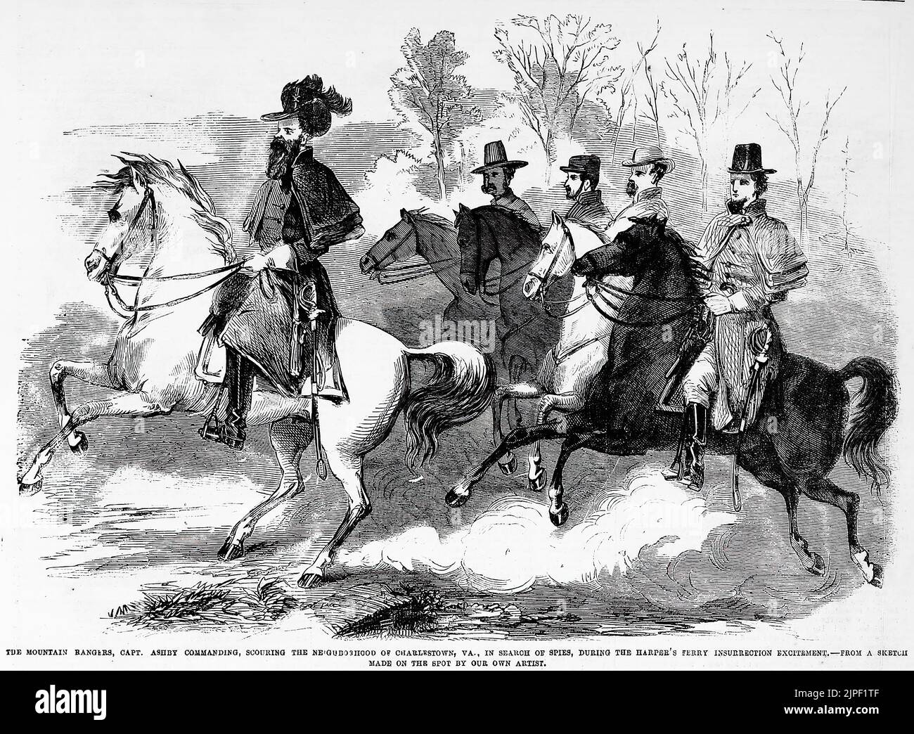 Die Mountain Rangers, Kapitän Turner Ashby kommandieren, durchkämmen die Nachbarschaft von Charlestown, Virginia, auf der Suche nach Spionen, während der Harper's Ferry Aufstand Aufregung. John Browns Razzia auf Harper's Ferry, Oktober 1859. 19.. Jahrhundert Illustration aus Frank Leslie's Illustrated Newspaper Stockfoto