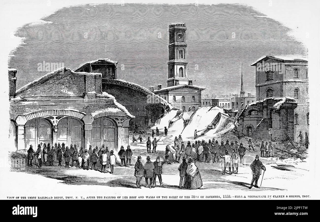 Blick auf das Union Railroad Depot, Troy, New York, nach dem Sturz von Dach und Wänden in der Nacht des 30.. Dezember 1859. Durch Schnee verursacht. 19.. Jahrhundert Illustration aus Frank Leslie's Illustrated Newspaper Stockfoto