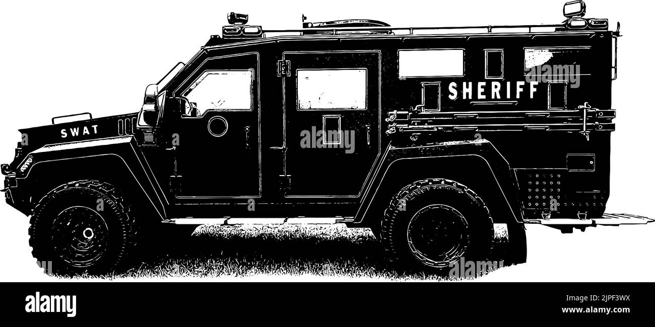 SWAT Team Sheriff Fahrzeugdarstellung in schwarz auf weißem Hintergrund Stock Vektor