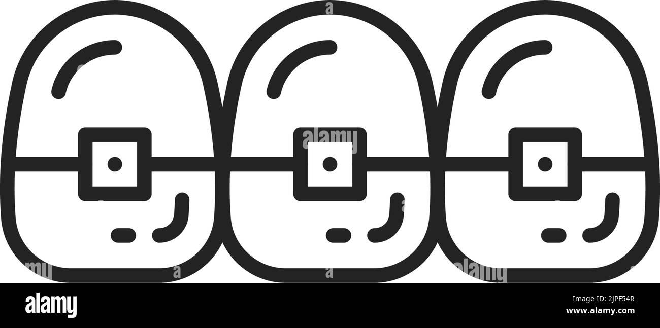 Symbol für Zähne mit Klammern mit isoliertem Umriss. Vector Metall, lingual, klar Ausrichter Klammern. Ästhetik, Kieferorthopädie, Zahnpflege Konzept. Perfektes Lächeln, Zahnspangen, keramische klare Klammern Stock Vektor