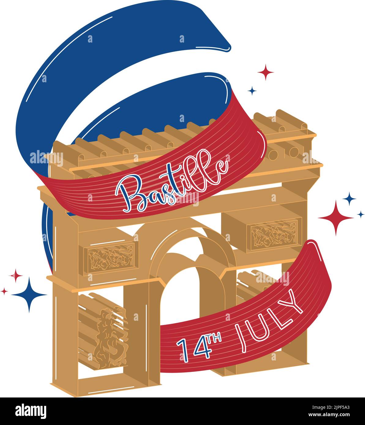 Isoliertes Triumphbogen Gebäude Wahrzeichen mit einem Band Bastille Day Vector Stock Vektor