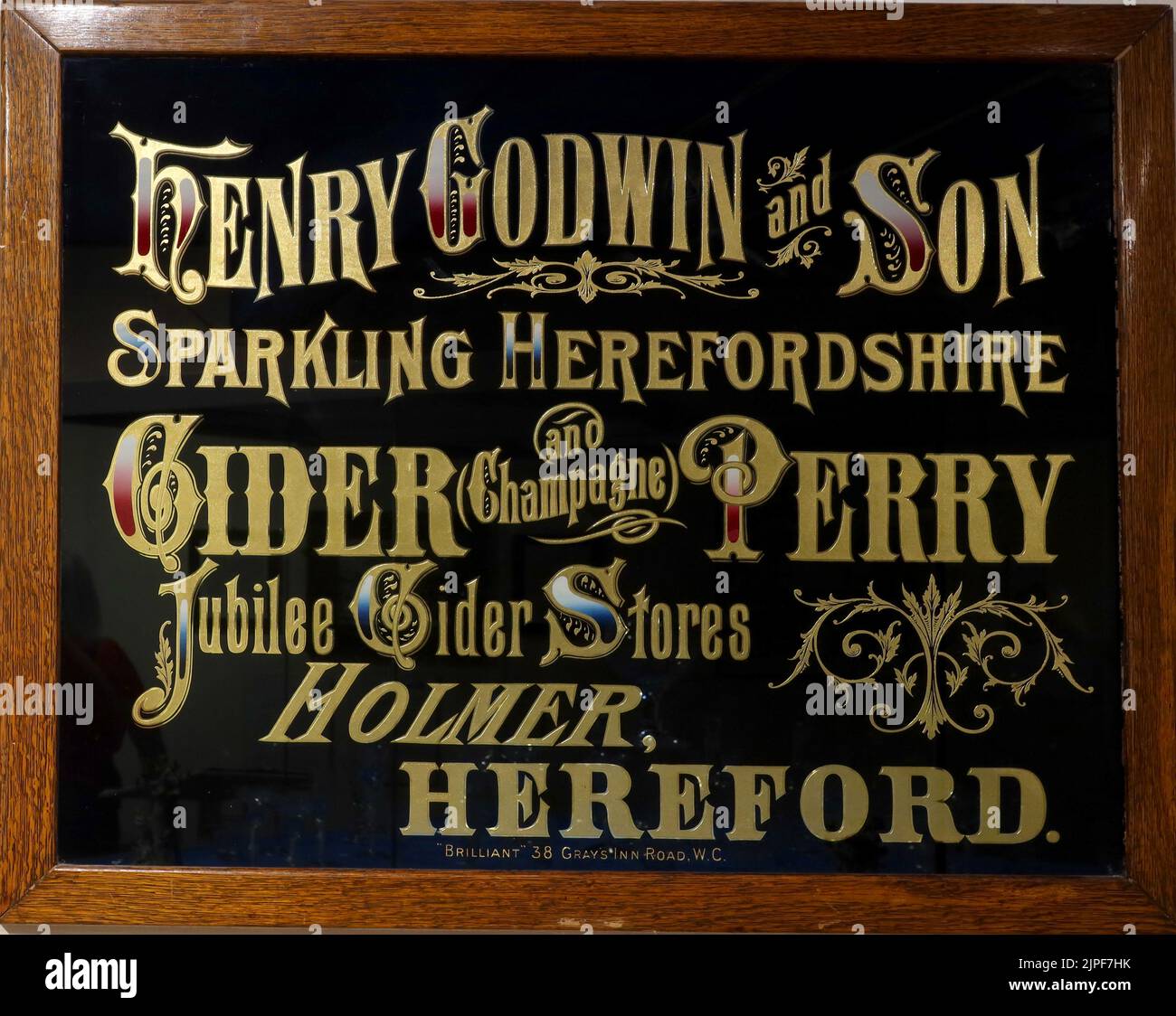 Schwarzer Werbespot, Henry Godwin und Sohn, Sparkling Herefordshire, Cider Champagne Perry, Jubilee Cider Stores, Holmer, Hereford, HR1 1LL Stockfoto