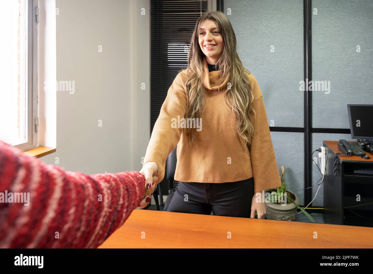 Lächelnde Geschäftsfrau schüttelt sich die Hände mit einem anderen. Konzept von Deal, Erfolg, Vereinbarung Stockfoto