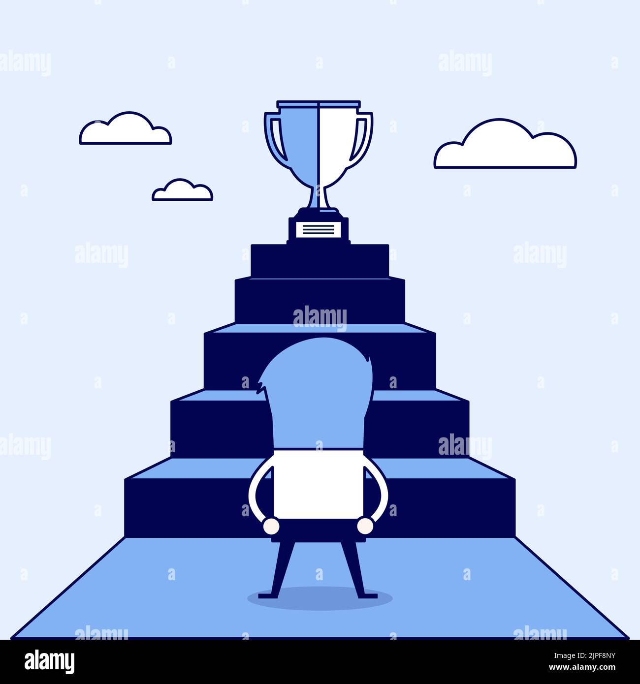 Geschäftsmann, der vor der Treppe steht, die die Trophäe führt, Shortcut to Success. Cartoon-Figur dünne Linie Stil Vektor. Stock Vektor