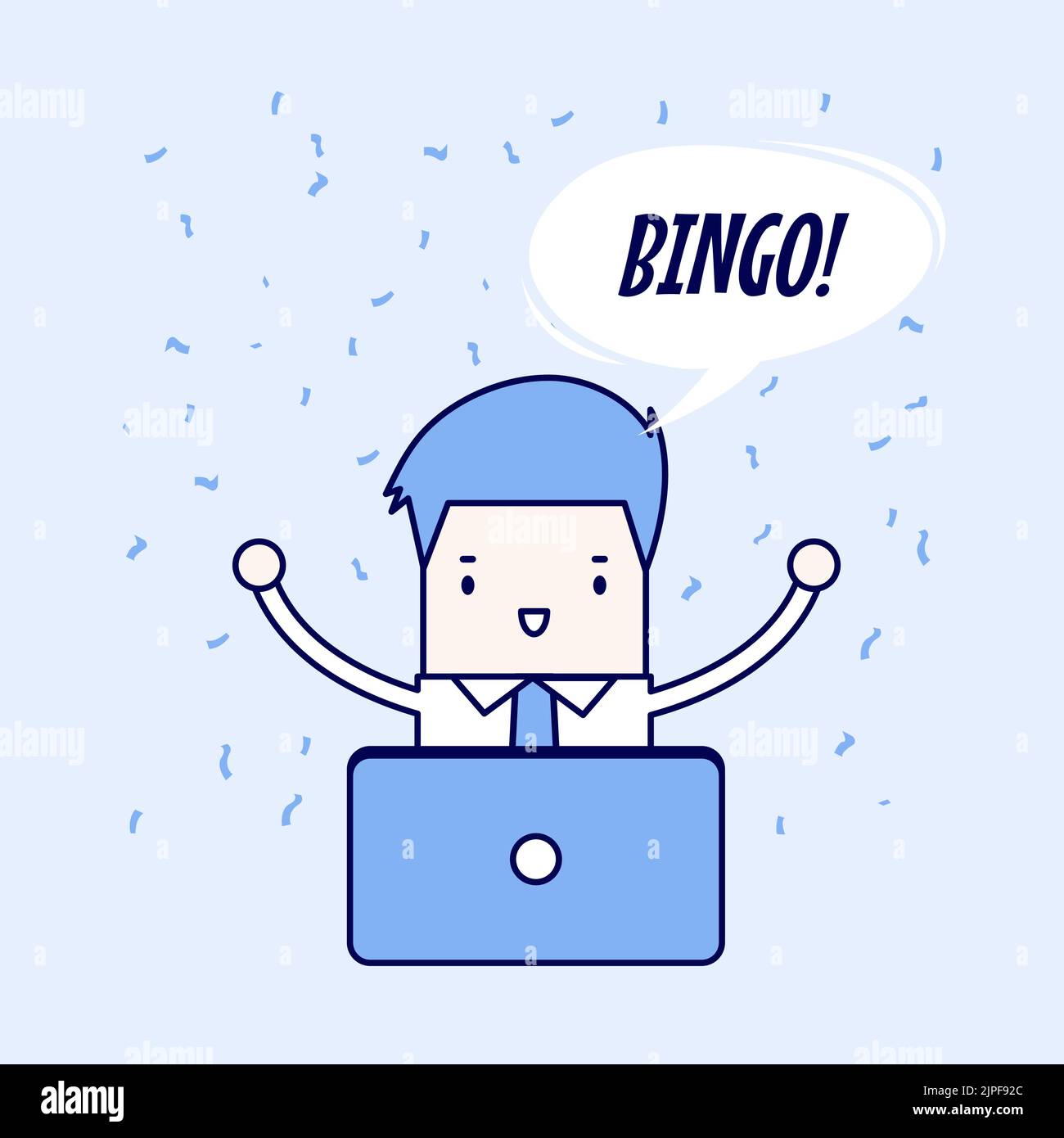 Geschäftsmann arbeitet auf Laptop und einen Gewinn jackpot, finanziellen Erfolg. Cartoon-Figur dünne Linie Stil Vektor. Stock Vektor