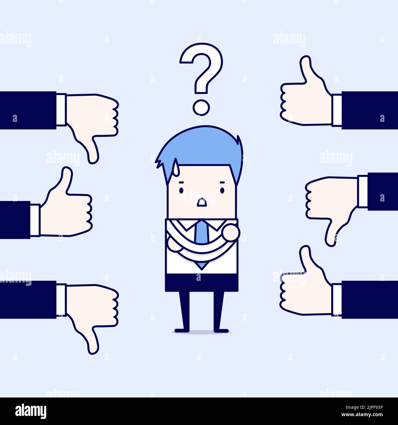 Geschäftsmann erhält Feedback von anderen Menschen. Cartoon-Figur dünne Linie Stil Vektor. Stock Vektor