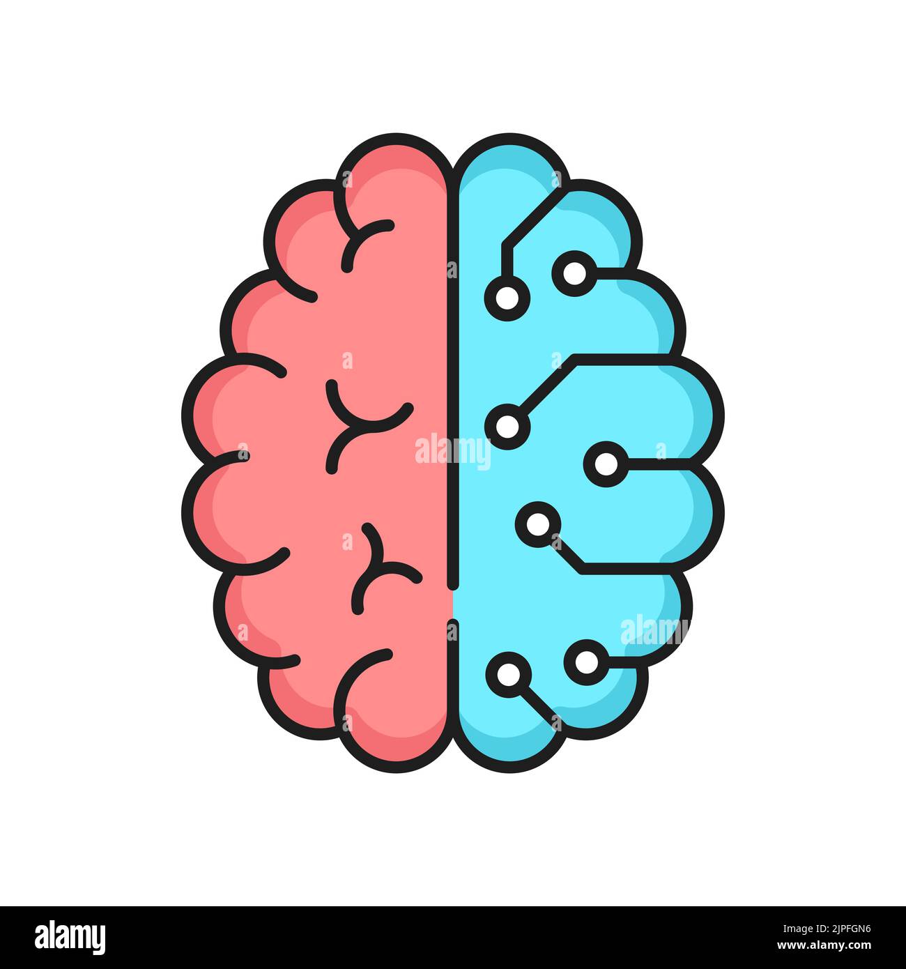 Künstliche Intelligenz, digitale Technologie umreißen Symbol mit menschlichen Gehirn und Computer-Schaltung. Datenwolkenspeicherung, neuronale oder kybernetische Wissenschaft und Roboter lernen dünne Linie Vektor-Symbol oder Piktogramm Stock Vektor