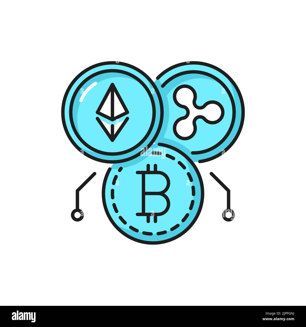 Kryptowährung und Blockcahin-Umrisssymbol mit Bitcoin-, Ripple- und Ethereum-Münzen. Digitale Zahlungen, Kryptowährung Mining und virtuelles Geld Thin Line Vektor-Symbol oder Piktogramm Stock Vektor