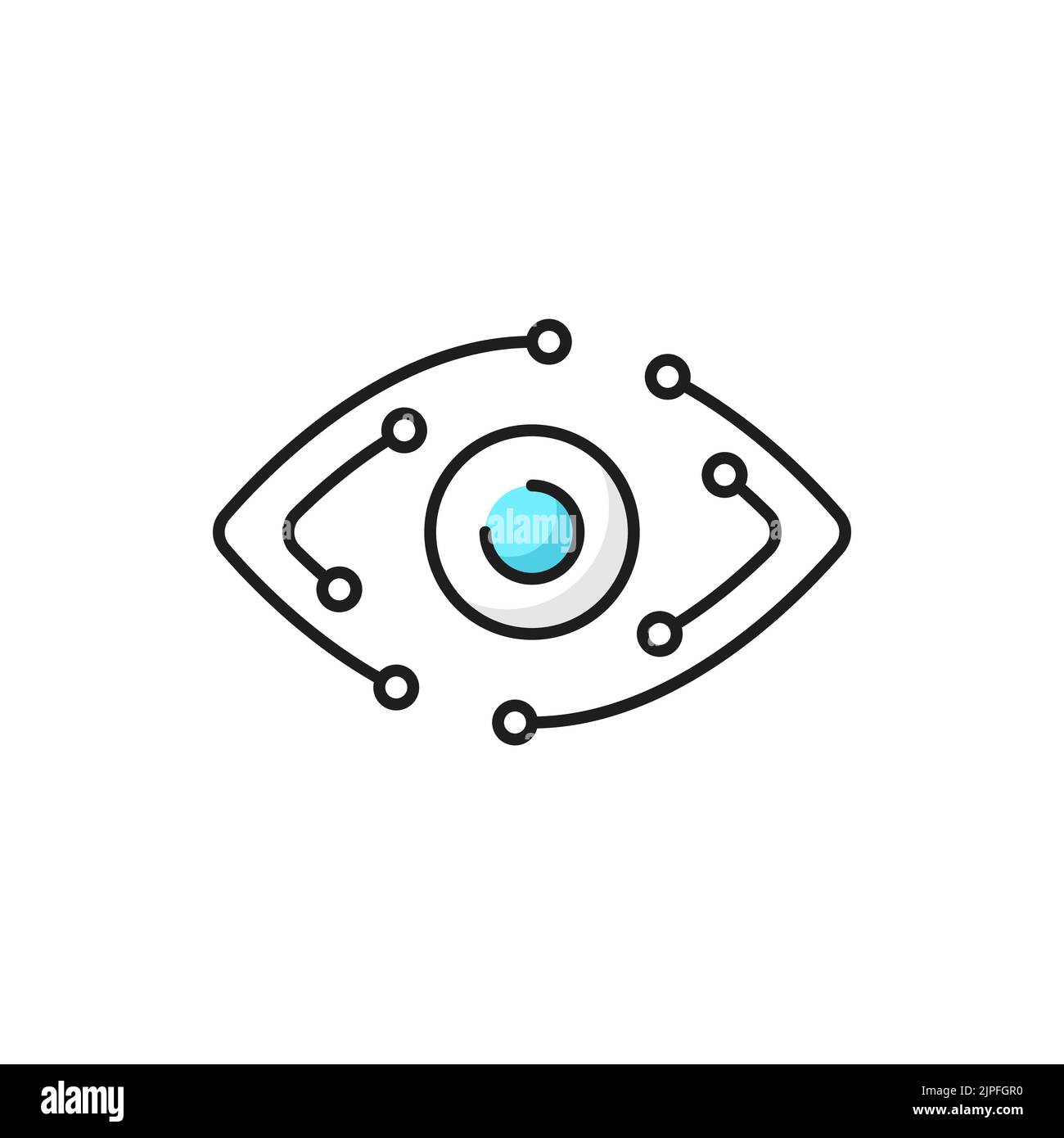Moderne Tech-Innovation skizzieren Symbol mit Roboter Auge und Computer-Motherboard Tracks. Biometrische Scanner-Technologie, künstliche Intelligenz und Computer Vision dünne Linie Vektor-Zeichen mit Cyborg Augapfel Stock Vektor