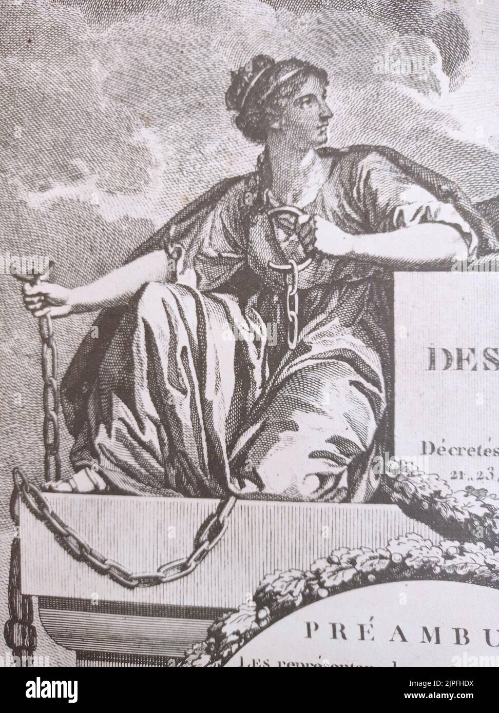 Image d'une femme brisant les Chaines, Provenant d'une affiche Déclaration des droits de l'homme et du citoyen, Frankreich Stockfoto
