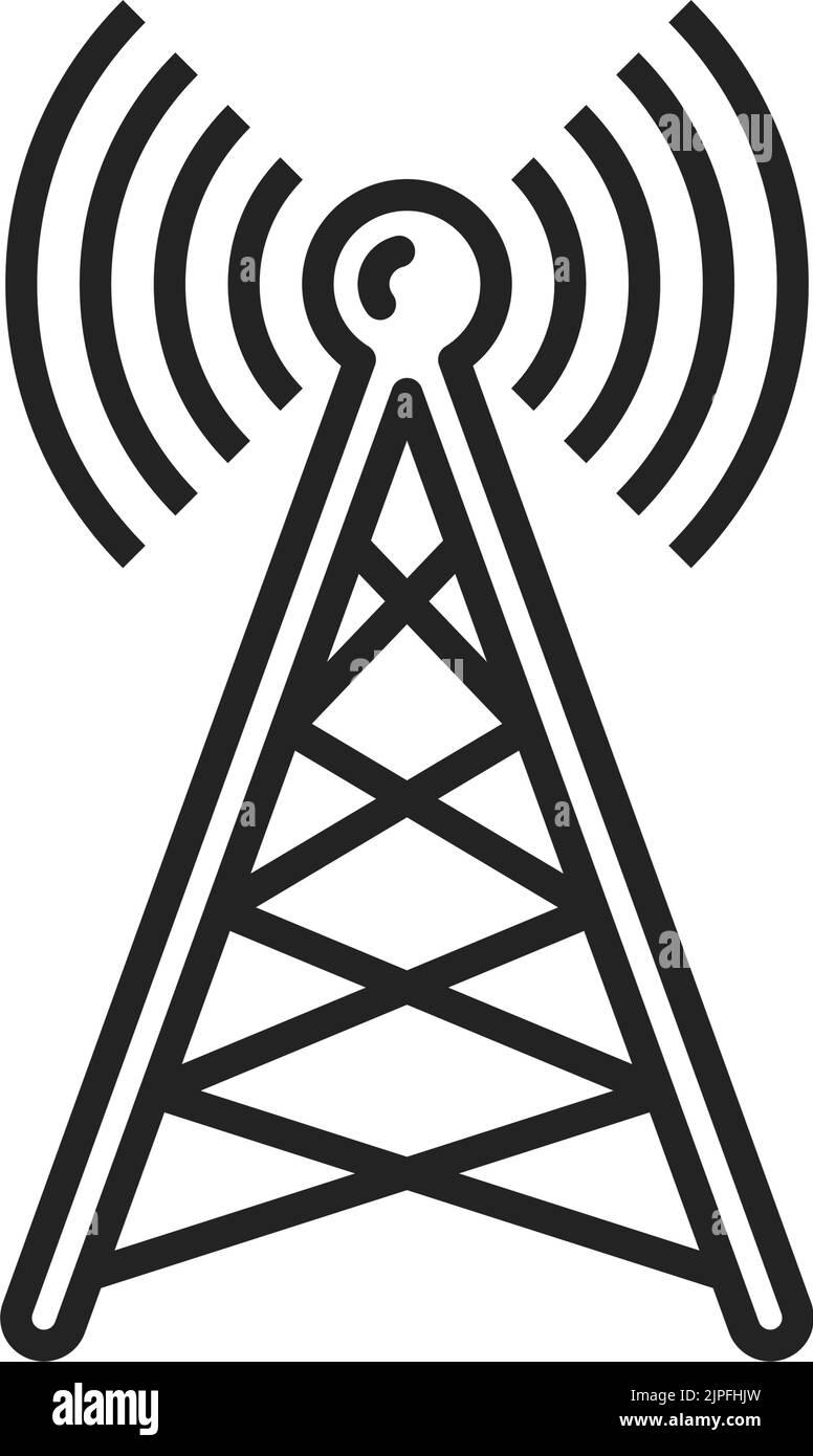 Funkturm oder -Mast mit isoliertem Umrisssymbol für Übertragungswellen. Vektorantenne, Sender monochromes lineares Zeichen. Telekommunikation oder Telefonsignalübertragung, Leitungskunst Stock Vektor