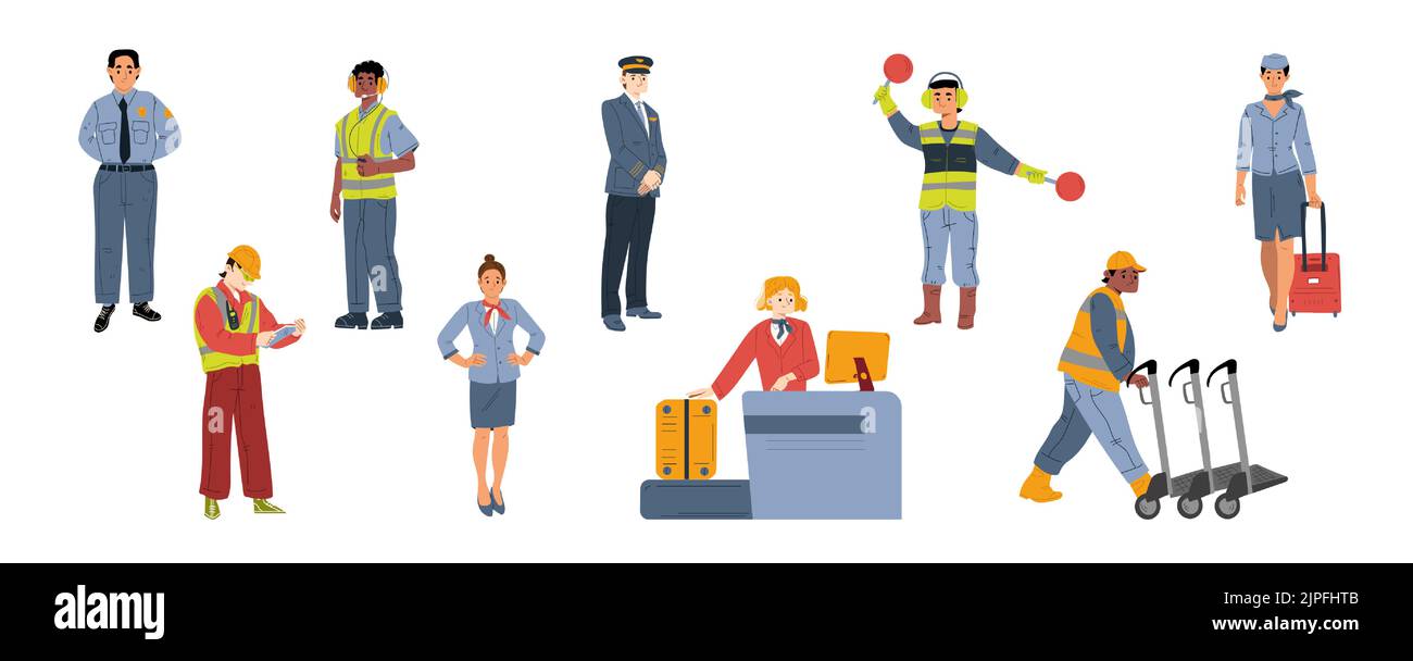 Flughafenpersonal Pilot, Fluglotse mit Lichtsignalen, Check-in und Scanner Mitarbeiter, Sicherheit, Stewardess oder Luft Hostess Frauen, Lader Arbeiter mit Trolley, Line Art flache Vektor-Illustration Stock Vektor