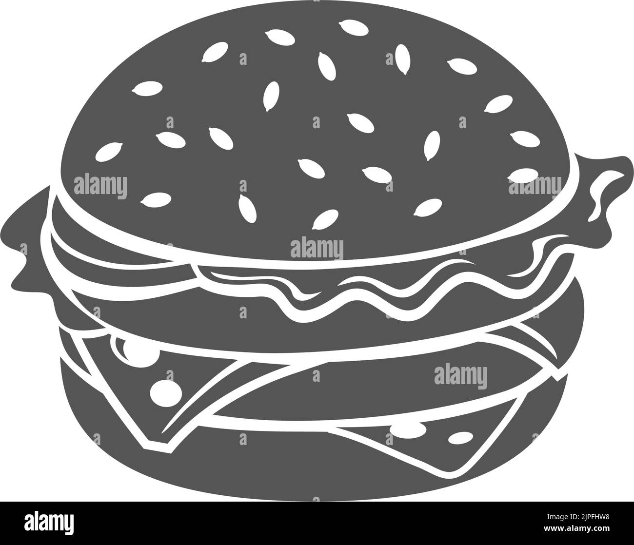 Cheeseburger Fastfood Snack isolierter Hamburger monochrome Ikone in Schwarz und Weiß. Vector Burger mit Sesambrötchen, Käse und Rindfleisch, Salatblättern. Fastfood Imbiss zum Mitnehmen, Street Food Stock Vektor