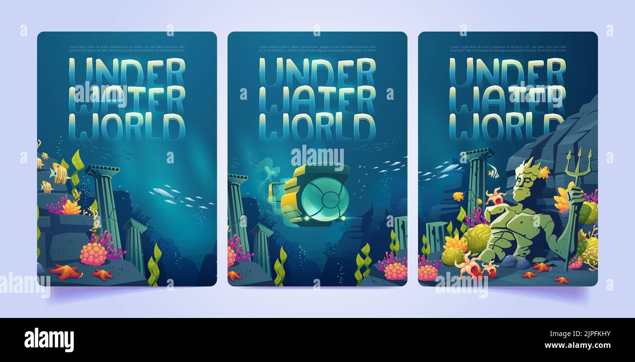Unterwasserwelt-Banner mit U-Boot, versunkenen antiken Ruinen, zerbrochener Poseidon-Statue, Meerespflanzen und Fischen. Vektor-Cartoon-Plakate mit Meeresboden Landschaft unter Wasser Stock Vektor