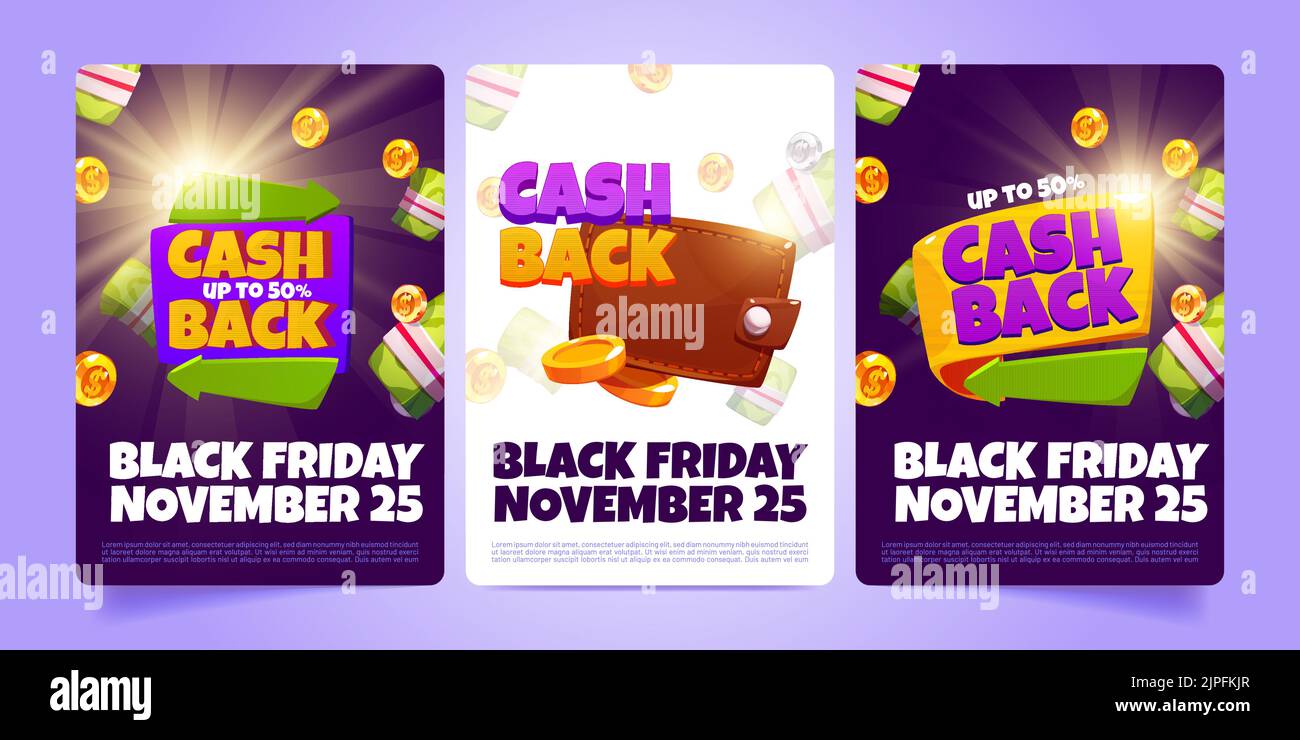 Black friday Flyer mit Cash-Back-Angeboten. Vektor-Promotion-Banner von Cashback, Geld-Rückerstattung, Verkauf Sonderangebot mit Cartoon-Goldmünzen, Währung, Pfeile und Brieftasche Stock Vektor