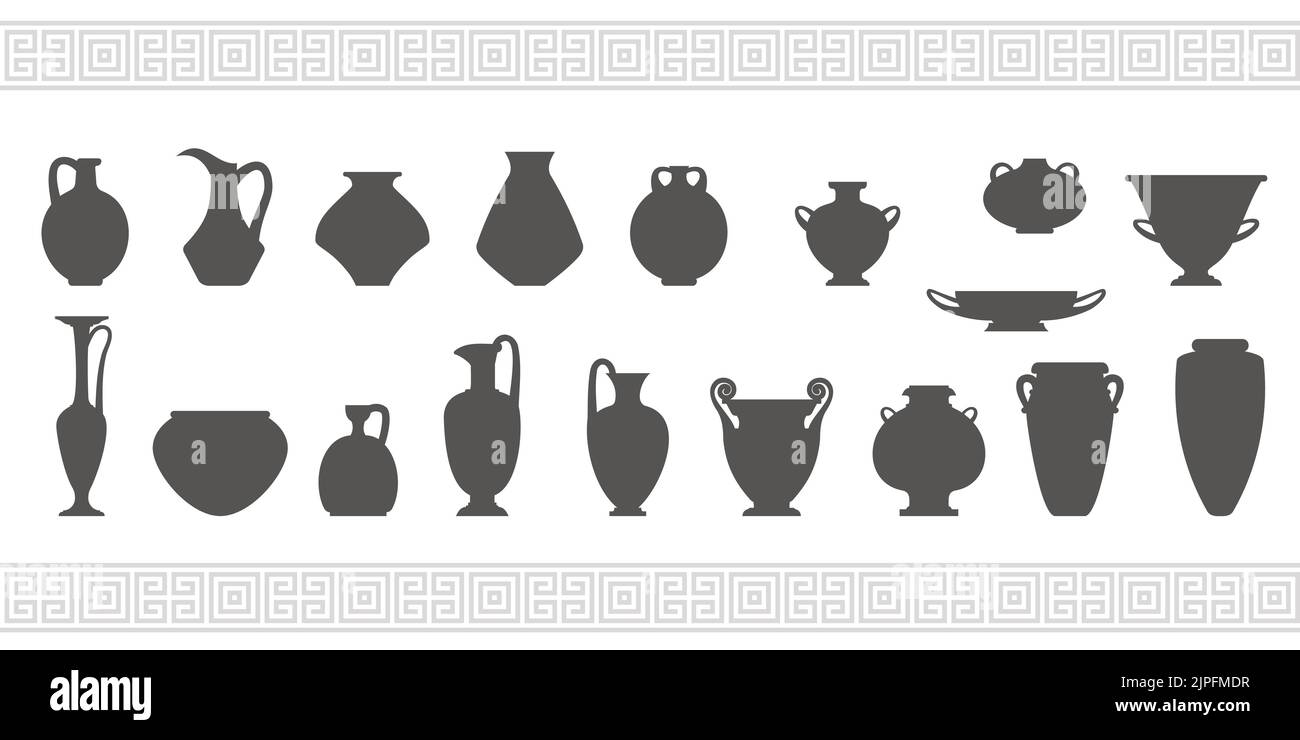 Griechische Vasen Silhouetten. Antike Amphoren und Töpfe Glyphen Illustration. Tonerde Keramik Steingut. Vektor. Stock Vektor