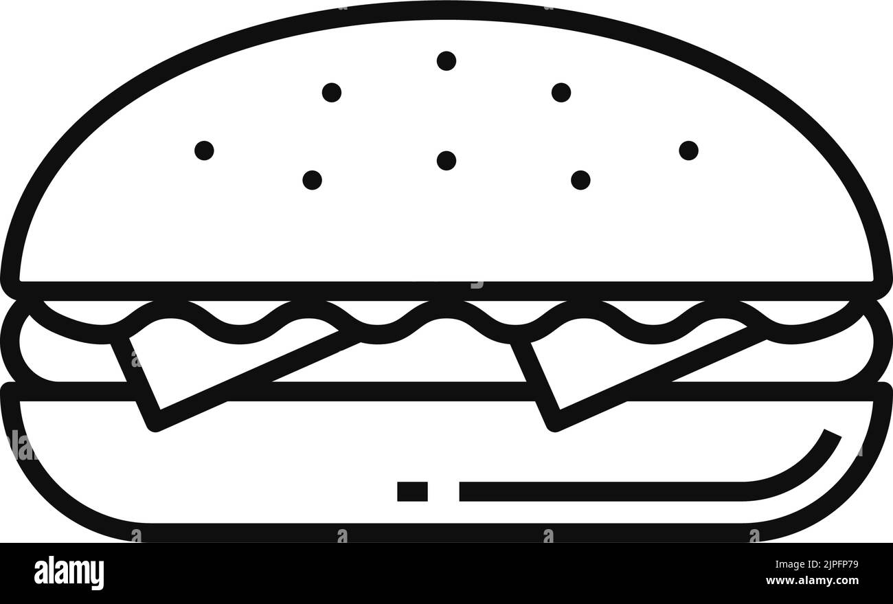 Fastfood Cheeseburger isoliert Essen zum Mitnehmen Umriss Symbol. Vector Line Art Hamburger mit Sesambrötchen, Käse und Rindfleisch, Salatblättern. Fastfood Imbiss zum Mitnehmen, Street Food Burger mit Fleisch Stock Vektor