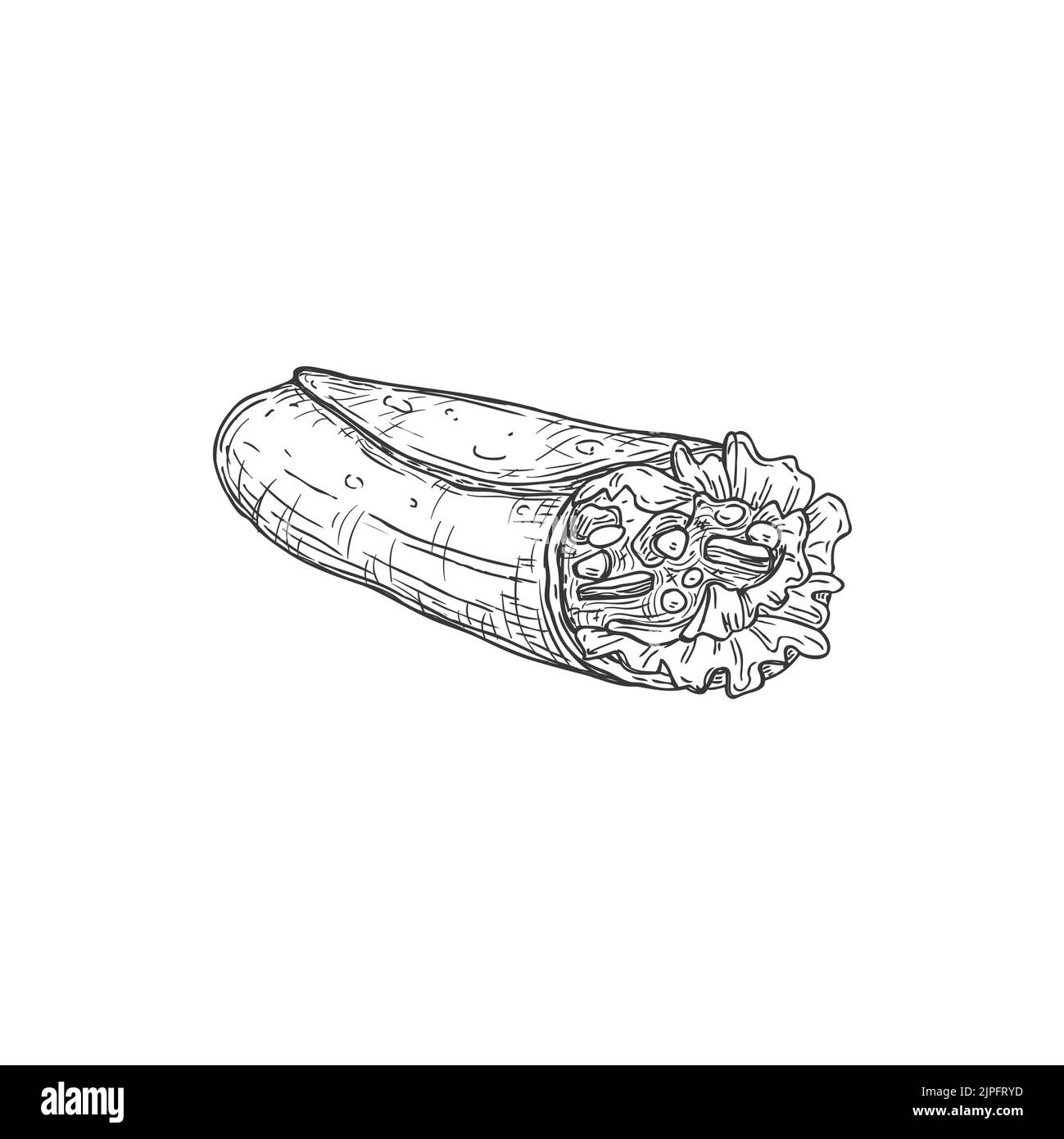 Shaurma Street Food isoliert Burrito Fastfood Snack monochrome Ikone Skizze. Vector Shaurma oder Shawarma Street Take Away Essen zum Mitnehmen. Mexikanische Rolle mit Huhn oder Rindfleisch, Tomaten und Gemüse Stock Vektor