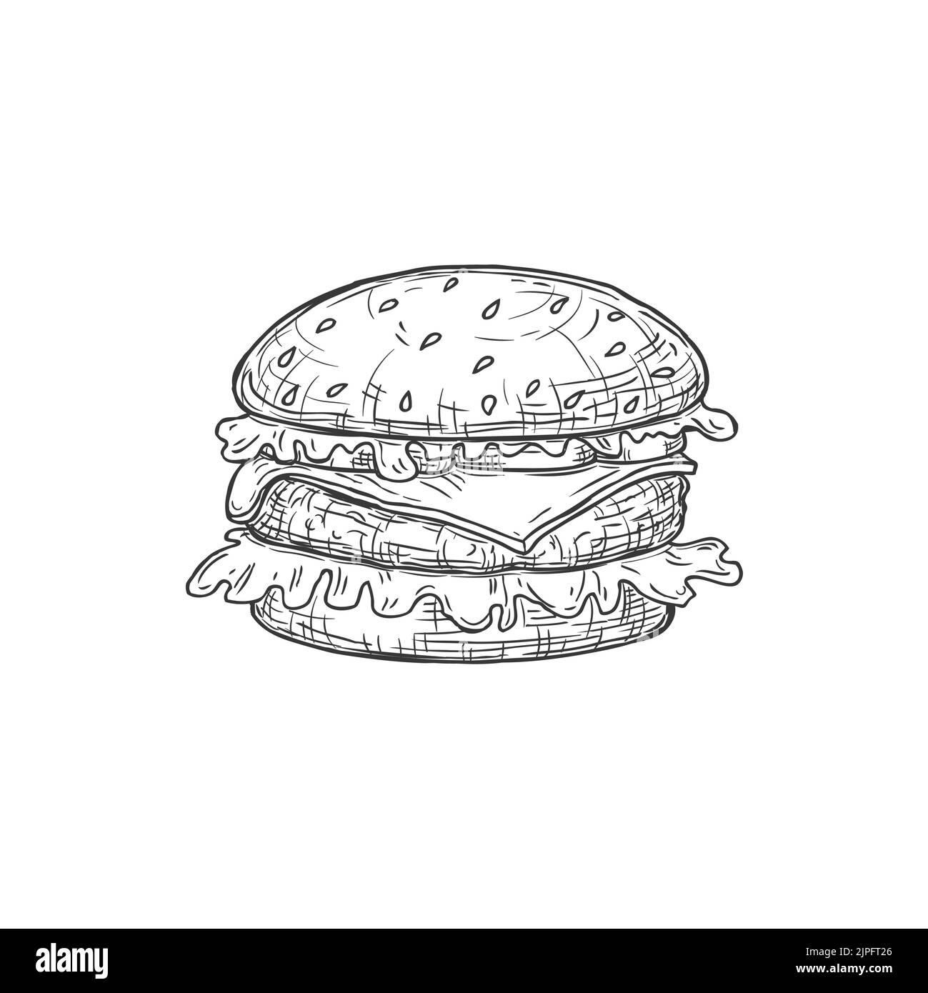 Cheeseburger Fastfood Snack isolierte Hamburger-Symbol einfarbige Skizze. Vector amerikanisches Brötchen mit Fleisch und Salat. Takeout-Objekt, Street Food Takeaway Junkfood Hamburger oder Cheeseburger-Symbol Stock Vektor
