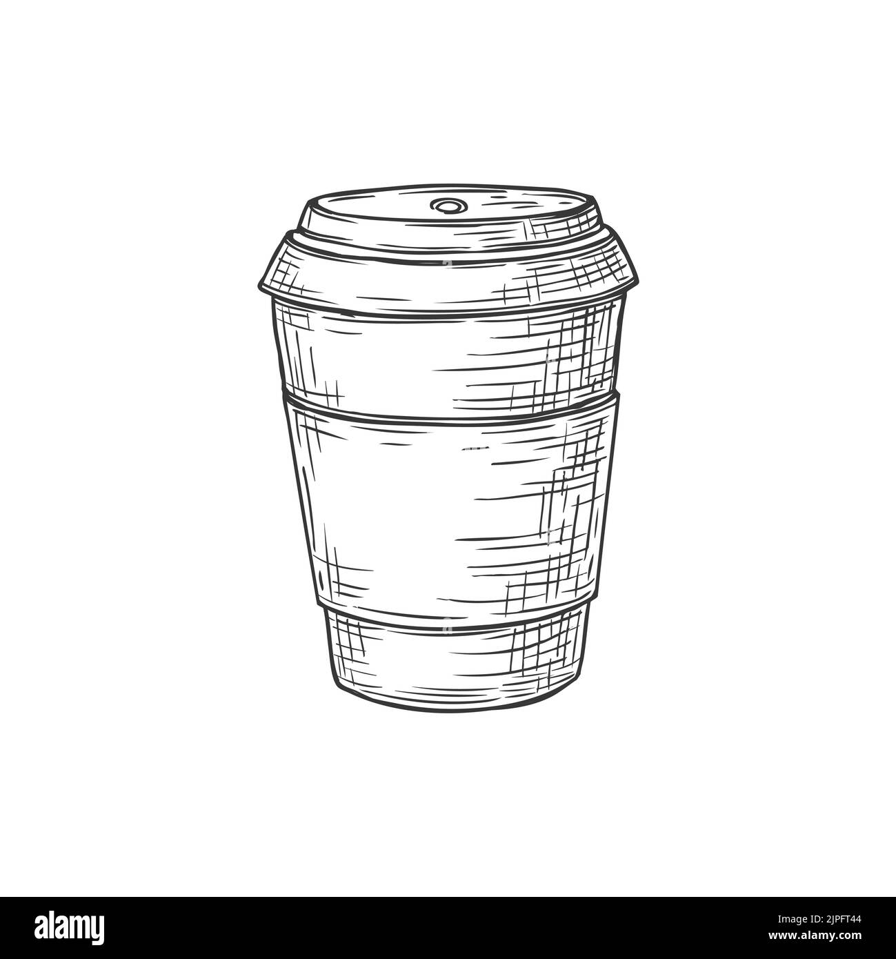 Kaffeetasse mit Deckel isolierte Getränkepackung mit einfarbiger Skizze. Vector Takeaway Getränk in Plastikglas, Nachbau von Takeout Getränk. Einweg-Tee oder Kakao-Tasse mit Deckel, heiße Getränke-Paket Stock Vektor