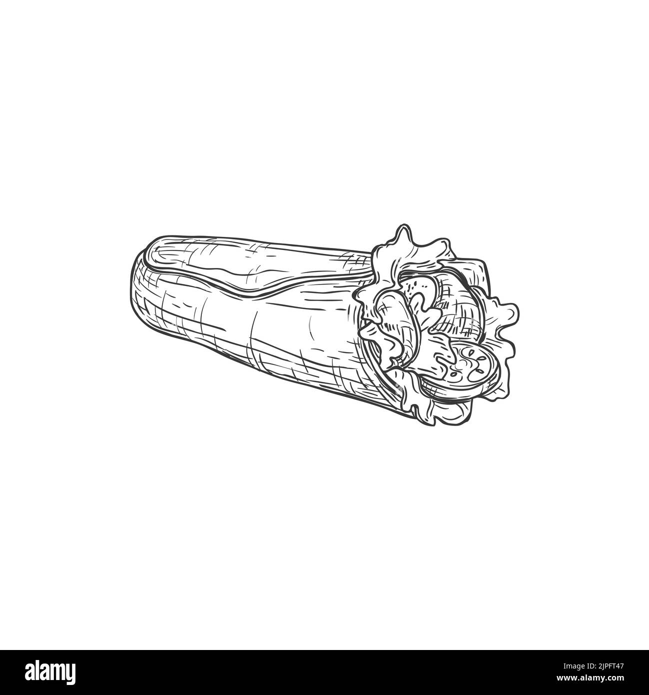 Burrito mit Fleisch, Salat isoliert Fastfood Snack monochrome Skizze. Vector türkischen Kebab, jalapeno gefüllte tex-mex Tortilla. Brötchen mit Huhn oder Rindfleisch, Tomaten und Salat, Essen zum Mitnehmen Stock Vektor
