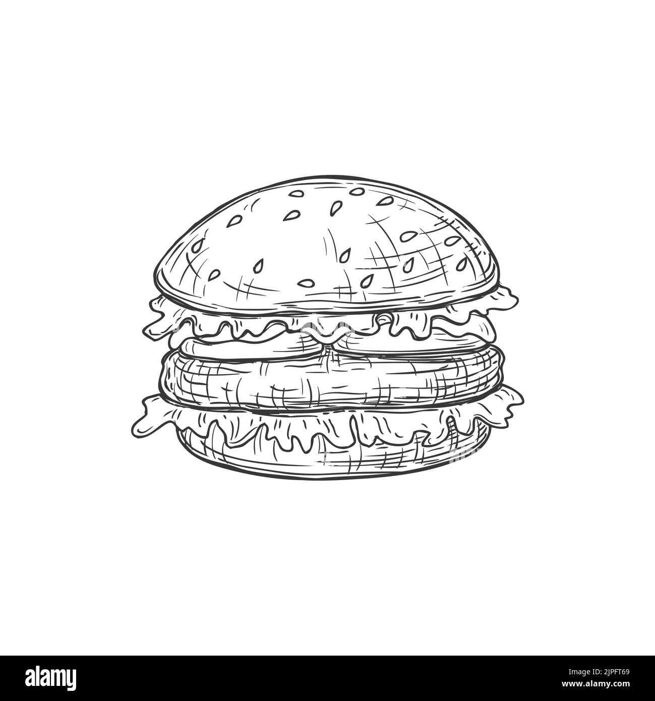Fastfood Cheeseburger isoliert Essen zum Mitnehmen monochrome Skizze Symbol. Vector Fastfood Imbiss zum Mitnehmen, Street Food Burger mit Fleisch. Hamburger mit Sesambrötchen, Käse und Rinderfleisch, Salatblättern. Stock Vektor