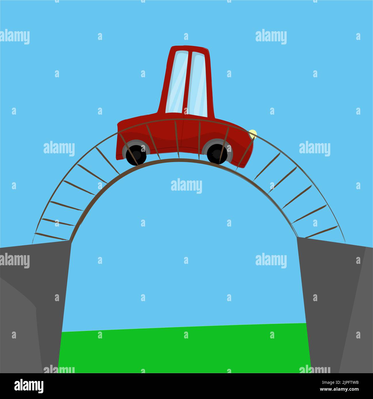 Niedliches rotes Cartoon-Auto auf der Brücke über der grünen Wiese. Abbildung für Kinder. Stock Vektor